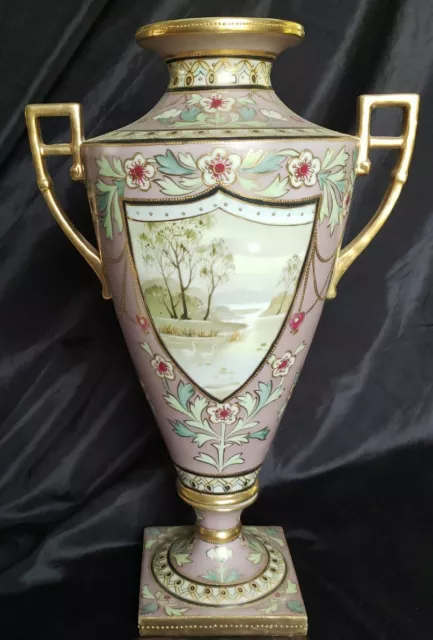 Antique Nippon Hand Painted Urn Vase Gold Beaded/Hand Painted Museum Quality 14"