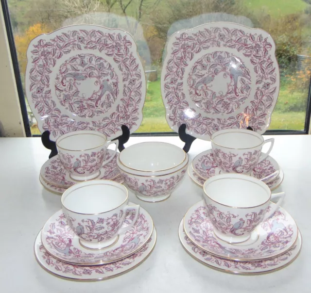 Minton English Bone China 1950s Blue Parrot Pink Leaves 15 PC Cups Saucers Plate