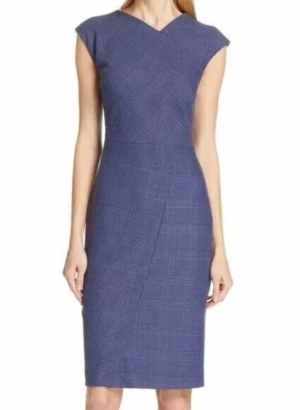 New Boss Womens Hugo Boss Dechesta Blue Plaid Sheath Dress Size US 8  UK14 NWOT