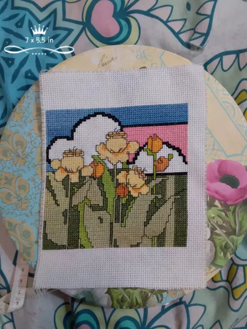 completed  unframed cross stitch  embroidery sewing yellow flowers