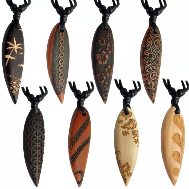 Collier Surfeur Planche de Surf Gravé Bois Surfboard Pendentif Hawaii HK30g