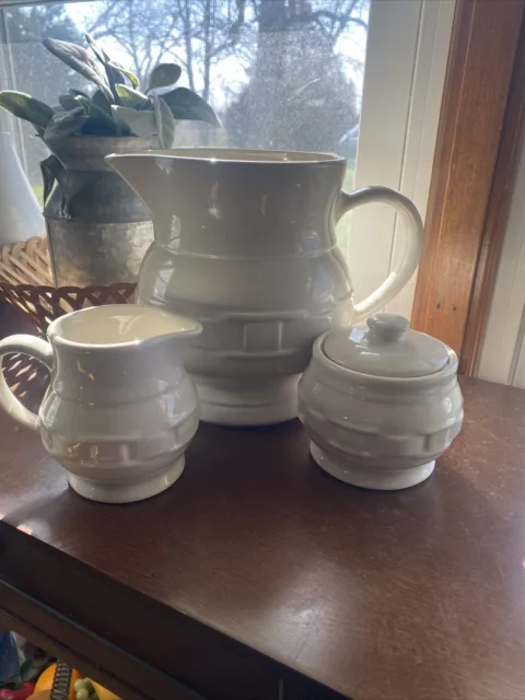 Longaberger Pottery  3pc Set.  2Qt Pitcher And Cream & Sugar Dish With Lid