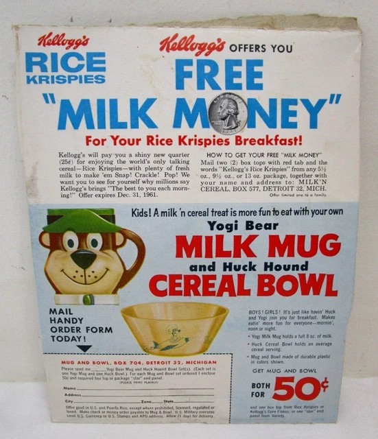 VINTAGE 1960'S KELLOGG'S RICE KRISPIES CEREAL BOX BACK YOGI BEAR OFFER