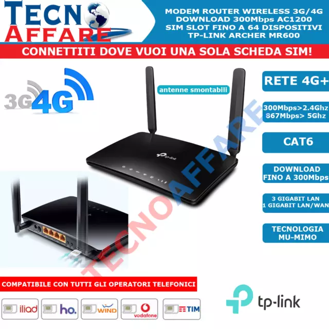 Modem Router 4G+ CAT6 Scheda SIM DualBand AC1200 WiFi 300Mbps Tp-Link Archer