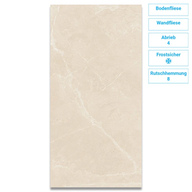 Fliese Wand Boden Beige Glanz Frostsicher Fußbodenheizung 1,44QM 60x120 9mm R8