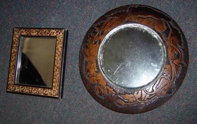 2 Vintage hand made pyrography wood wall  mirror and faux tortoise shell mirror