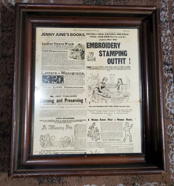 1887 Lady's Home Journal Page in 19th Century Brown Wood Picture Frame 16" x 14"