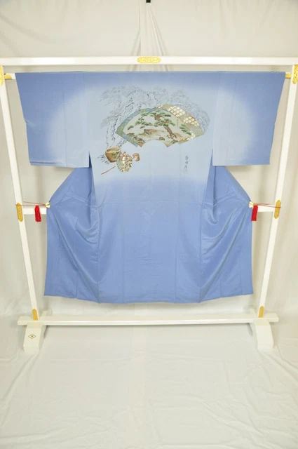 Vintage Japanese Kimono Silk Men’s Juban Fan form/Pine tree/ Tea utensils Blue 2