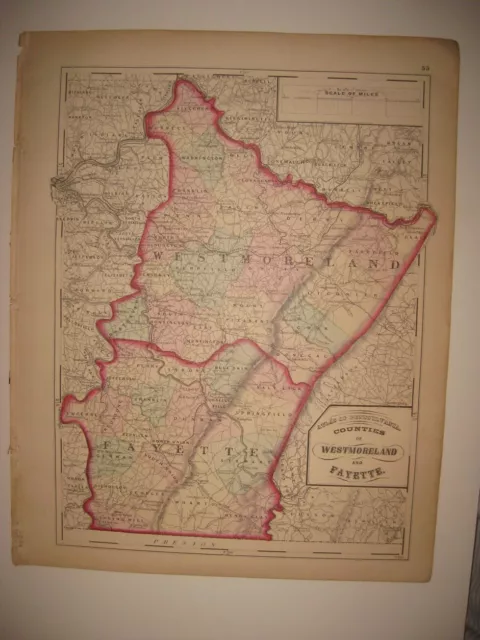 Antique 1872 Westmoreland Fayette County Pennsylvania Handcolored Map Railroad