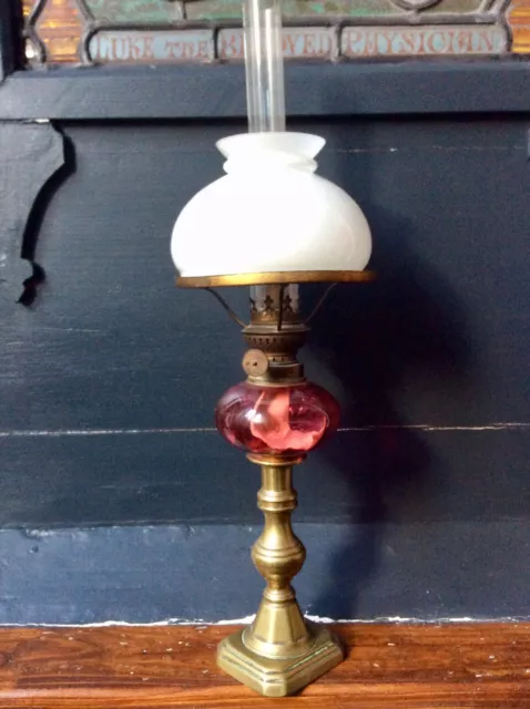 Antique Unusual Oil Lamp,Cranberry Glass,Brass,Circular Burner,Opaline Shade,Old