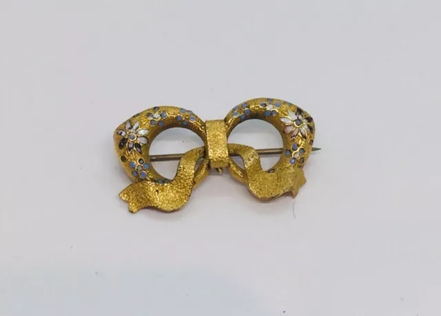 Antique Victorien or Jaune Rempli Émail Noeud Broche