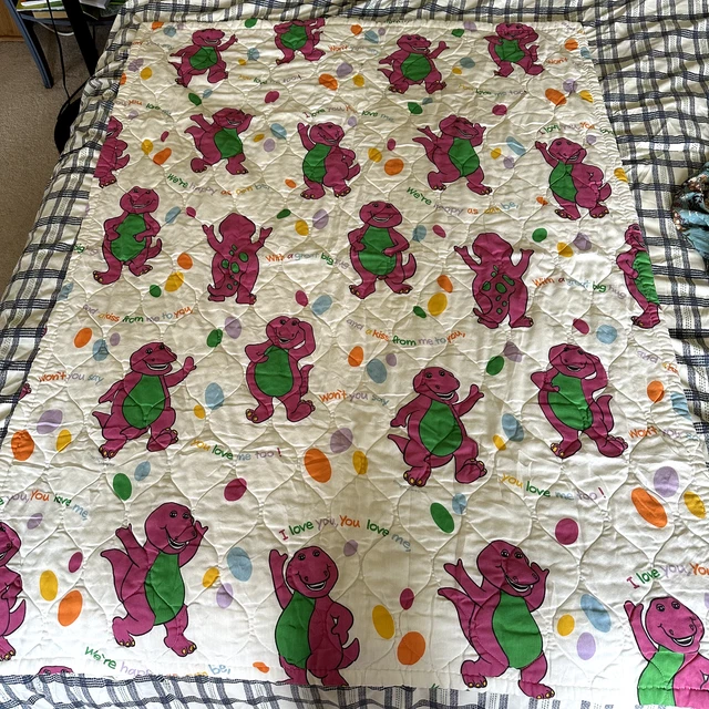 Edredón manta cama de colección para cuna de dinosaurio púrpura Barney década de 1990 38""x54