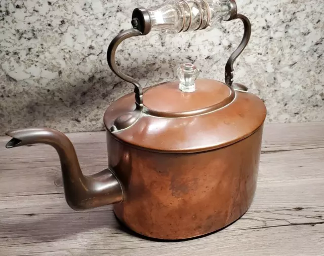 Antique Hand Made Copper & Glass Tea Kettle Pot 19th Century w/ inscriptions