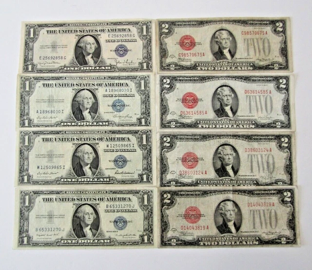 Lot of 8 - Silver Certificates (1935 D-G), Red Seals (1928 D, F) F/VF Circulated