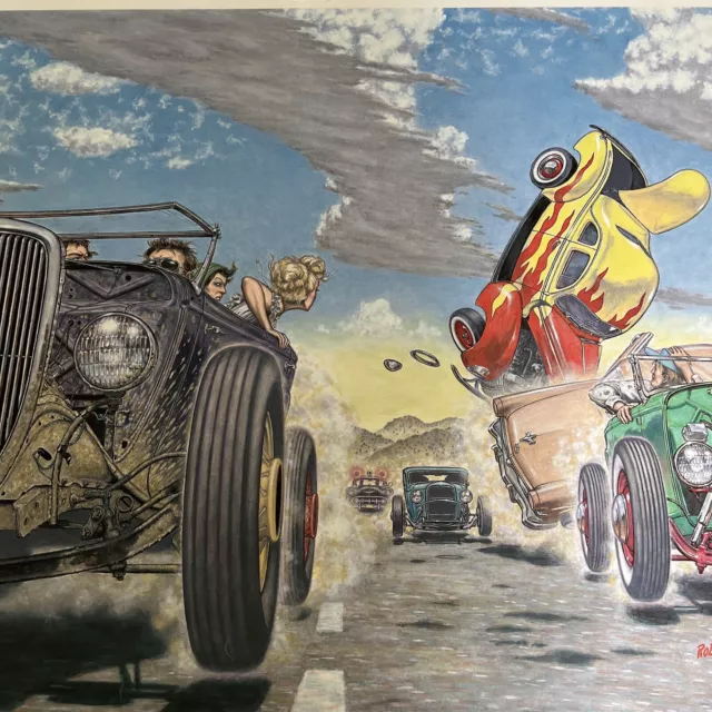 Robt EL Williams Vintage Lithograph Street Racing 1932 Ford Drags Racing 34”x22”