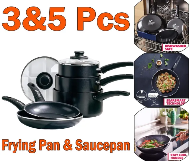 Non Stick Saucepan Cookware Set Cooking Pot Frying Pan Set Glass Lids 3&5 Pcs