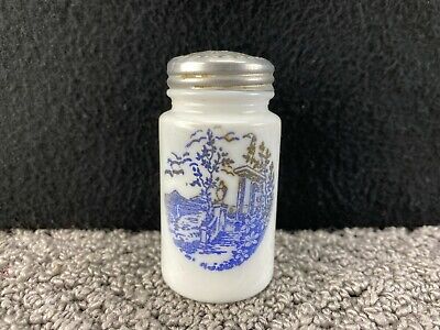Vintage Anchor Hocking Vitrock White Milk Glass Salt Shaker with Blue Transfer