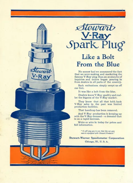 1916 Stewart Warner Speedometer Co. Ad: V-Ray Spark Plugs - Chicago, Illinois