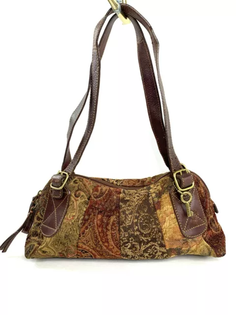 Fossil Brown Floral Print Jacquard Fabric Small Shoulder Bag Purse Handbag Brass