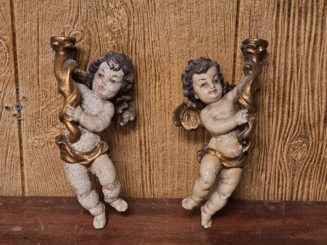 Pair Of Antique 19th Century Italian Cherub Sconces Hand Carved Painted 9in Tall
