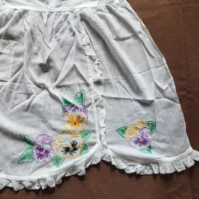 Vintage White Sheer with Lace Ruffles and Pocket Hand Embroidered Kitchen Apron 3