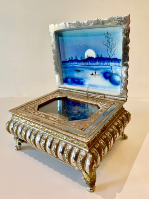 Rare Fred Zimbalist Etched Silver Thorens Music Box With Painted Porcelain Image