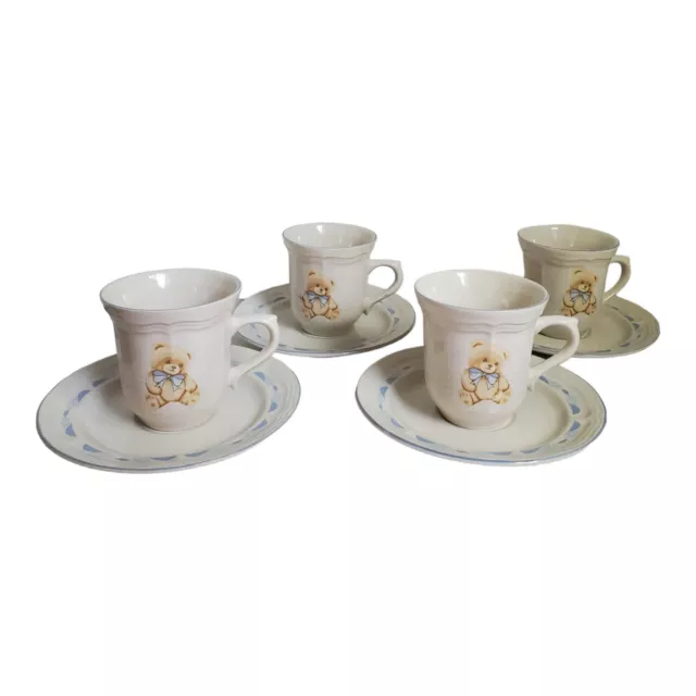 Tienshan Theodore Country Teddy Bear Stoneware Coffee Mugs & Saucers Set of 4