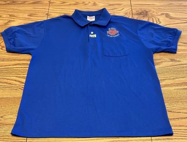 Harley Davidson VTG Employee Polo Shirt Blue Pocket Short Sleeve 80s XL