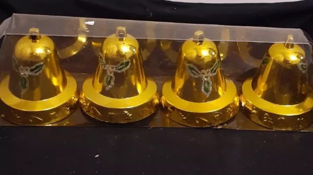 Vintage set/4 Gold Plastic 3" Bells Christmas Ornaments Holiday Decorations NEW