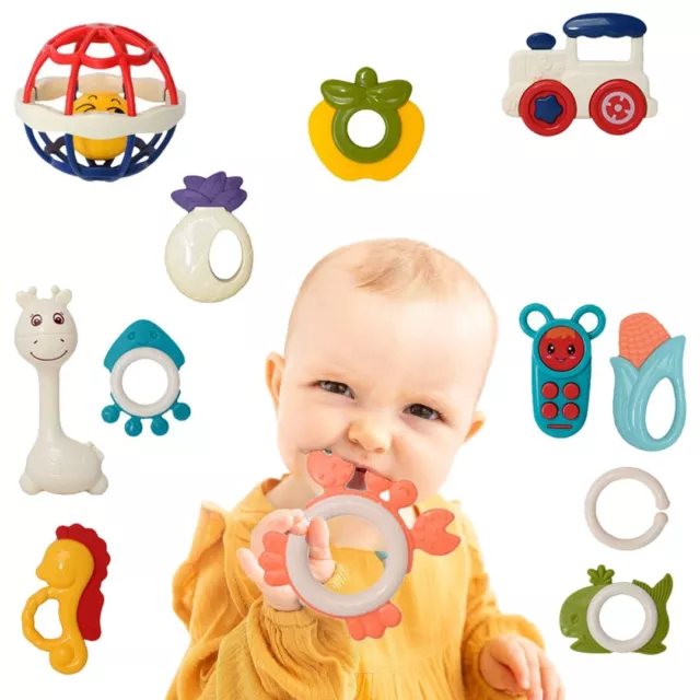 12Pcs Newborn Baby Hand Rattle Teether Teething Chewable Toys 3M+ BPA Free