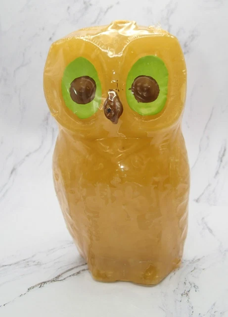Vintage Sealed 1970s Yellow Owl with Green Shaped Wax Candle Lenox 6 inches tall