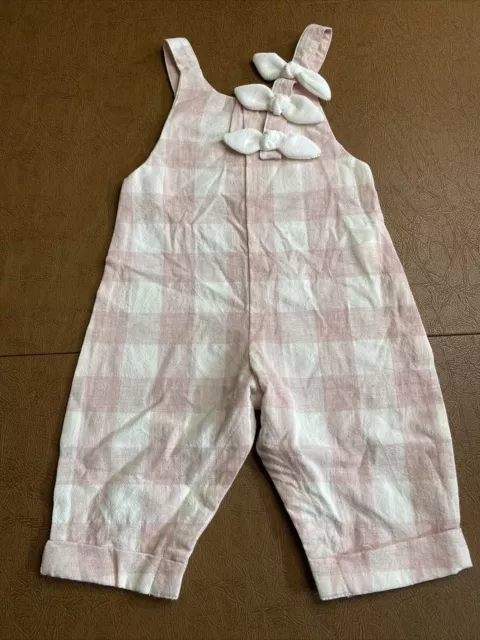 Mud Pie Infant Girl Pale Pink & White Plaid Overall Romper, Size 3-6M, NWOT