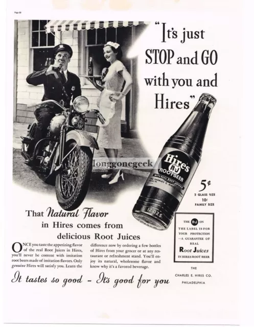 1937 HIRES ROOT BEER Motorcycle Cop Policeman Waitress Vintage Ad