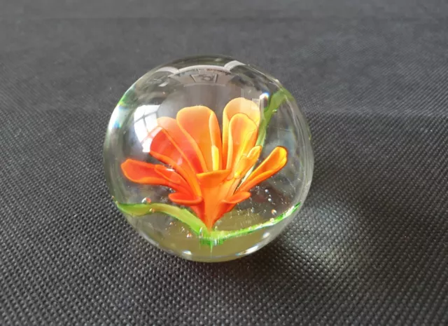 Vintage Clear Art Glass Paperweight with Orange Flower Inside 7cm Diameter x 6cm