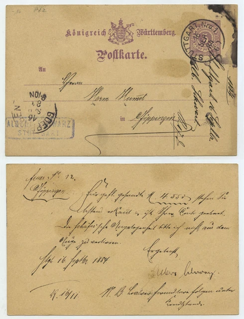 55564 - Württemberg Ganzsache P 26 - Stuttgart 16.9.1884 nach Göppingen