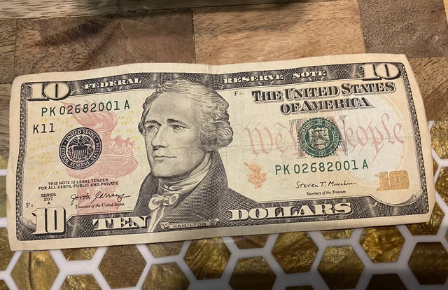 fancy serial number/date Note $10 Bill August 26, 2001