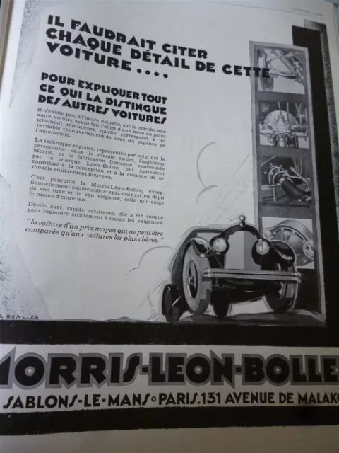 MORRIS LEON BOLLEE Le Mans DORLAND publicité papier ILLUSTRATION 1928 col