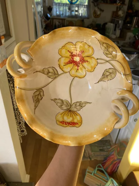 ❤️Vintage Italian Made Floral Majolica Serving Pasta Salad Bowl Spiral Handles