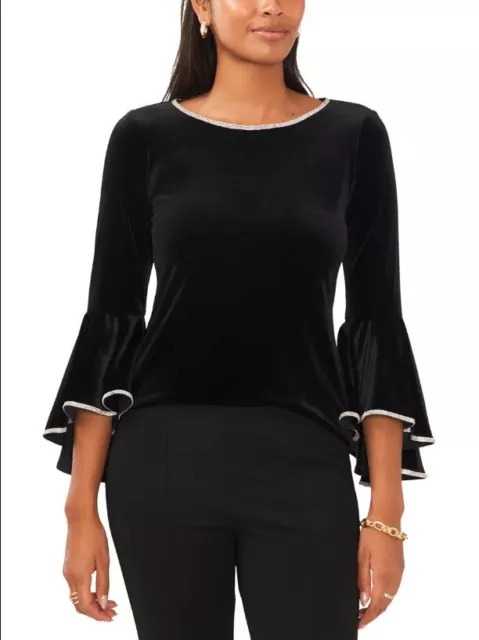 NWT MSK Women Velvet Rhinestone Trim Top Blouse Shirt Black