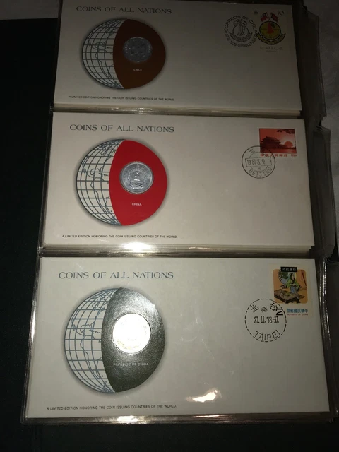 Coins Of All Nations 102 Envelopes And Stamps w/China 5 fen 1980 Franklin Mint
