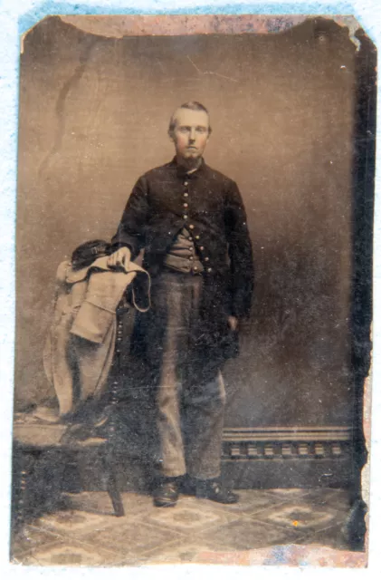 Tintype of a young Union Soldier with Greatcoat & Kepi