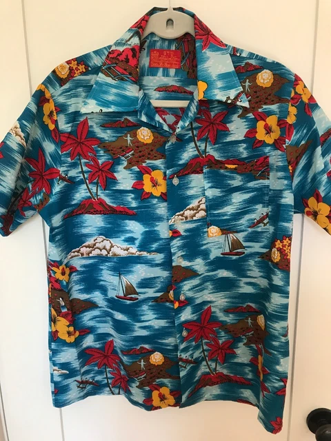 1960s Sears KINGS ROAD Blue Hawaiian Aloha Pointed Collar Shirt TIKI Medium