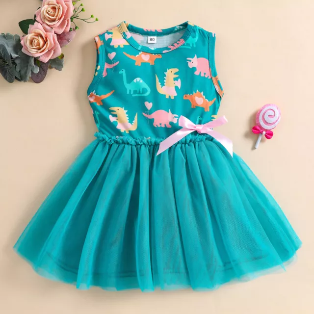 Toddler Baby Kids Girls Sleeveless Dinosaur Bow Tulle Patchwork Princess Dresses