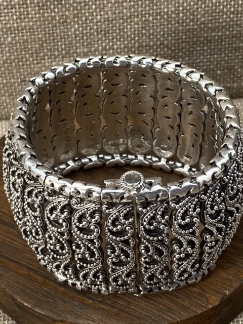 Lois Hill Sterling Silver Granulated Filigree Scroll Panel Bracelet Pin Clasp CL