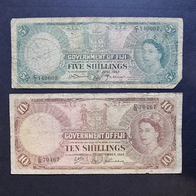 Fiji Pre-decimal Banknotes- 5 & 10 Shillings 1957 & 1964 Pair Of 2 Notes QEII