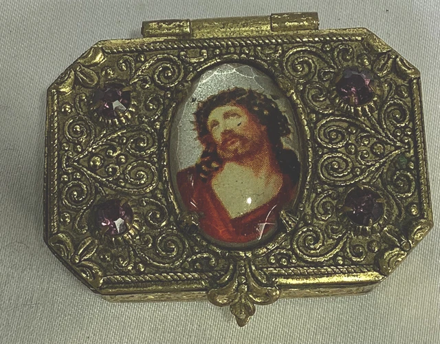 Antique Brass Gold Color Small Box With Glass Container Red Bead Rosary Czech