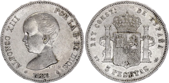 Pièce Espagne 5 Pesetas,  Alfonso XIII - Armoiries - 1888 (88) MP-M