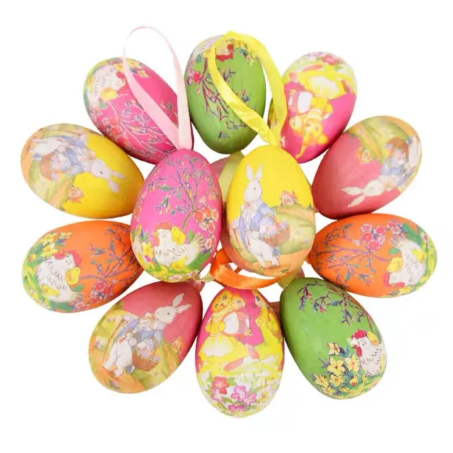 14PCS Colorful Painted Easter Eggs Hanging Ornaments for DIY Crafts Home Decor