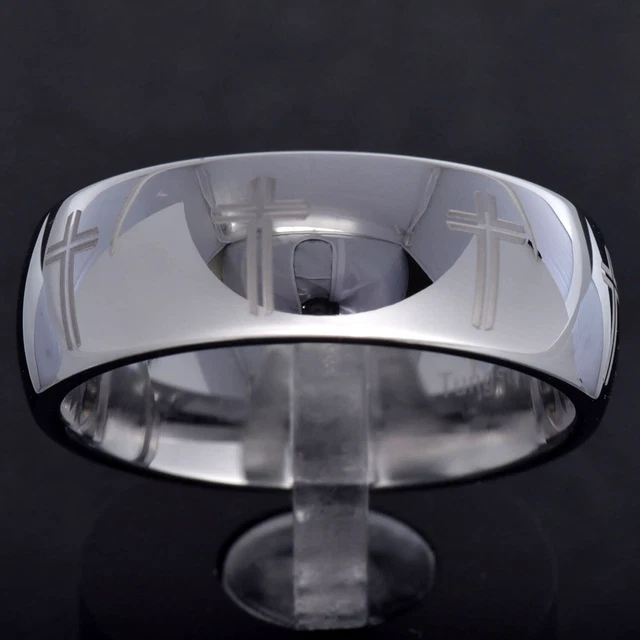 8/6mm Tungsten White Dome Christian Cross Celtic Men Religious Wedding Band