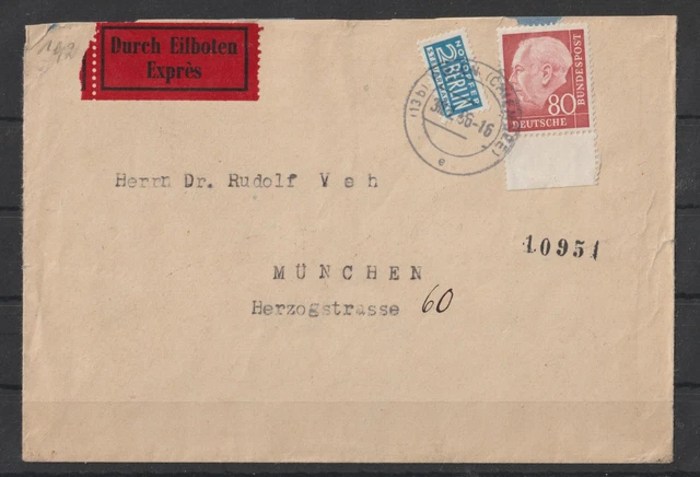 Bund Heuss I, 80 Pf, Mi. 192 mit Unterrand Einzelfrankatur, Eilboten-Brief "
